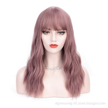 Vigorous Hot Selling Cheap Price Long Body Wave With Neat Bangs Pink High Temperature Fiber For Black Women Synthetic Hair Wigs